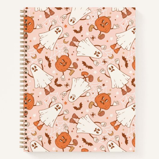 Leuke Retro Ghost & Jack-O-Lantern Patroon Notitieboek (Voorkant)