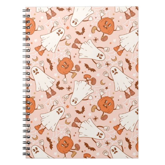 Leuke Retro Ghost & Jack-O-Lantern Patroon Notitieboek (Voorkant)