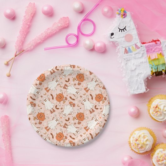 Leuke Retro Ghost & Jack-O-Lantern Patroon Papieren Bordje (Feest)