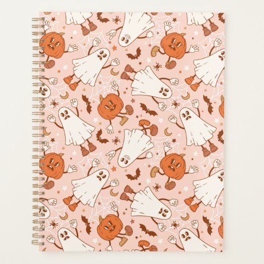 Leuke Retro Ghost & Jack-O-Lantern Patroon Planner (Voorkant)