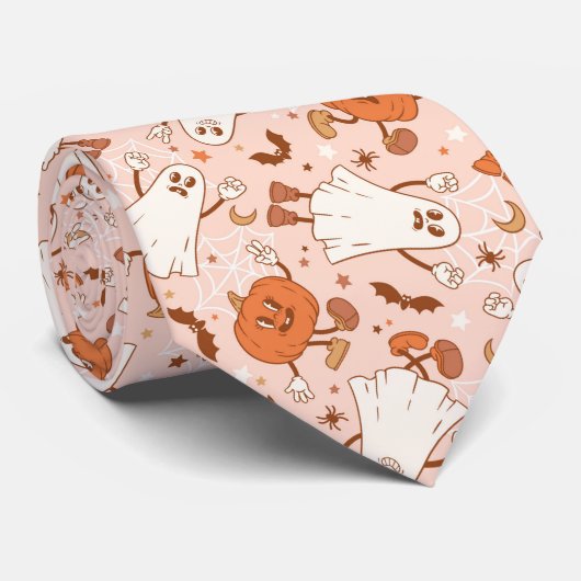 Leuke Retro Ghost & Jack-O-Lantern Patroon Stropdas (Opgerold)