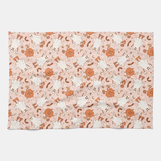 Leuke Retro Ghost & Jack-O-Lantern Patroon Theedoek (Horizontaal)