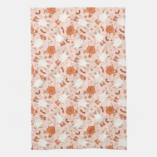 Leuke Retro Ghost & Jack-O-Lantern Patroon Theedoek (Verticaal)