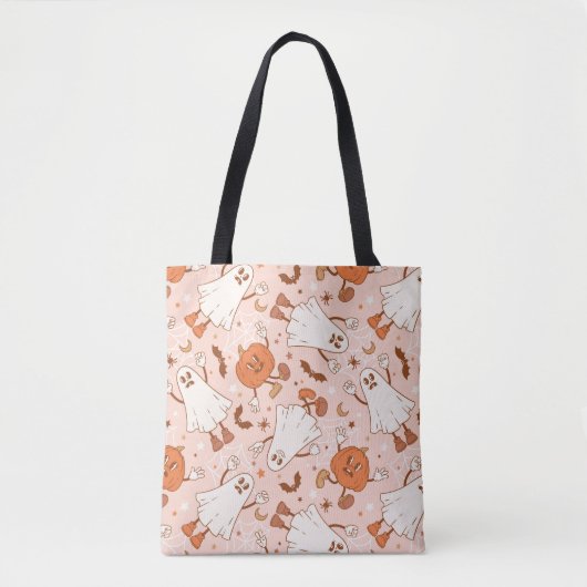 Leuke Retro Ghost & Jack-O-Lantern Patroon Tote Bag (Voorkant)