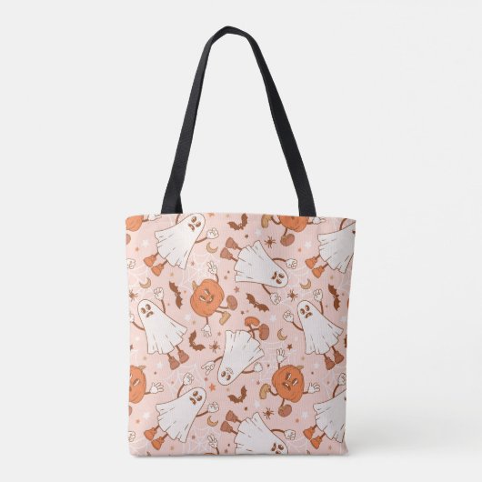 Leuke Retro Ghost & Jack-O-Lantern Patroon Tote Bag (Achterkant)