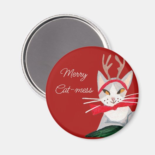 Leuke retro kat - mess rode kerst magneet (Voorkant / Achterkant)