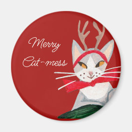 Leuke retro kat - mess rode kerst magneet