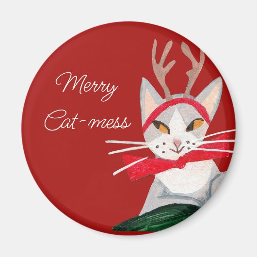 Leuke retro kat - mess rode kerst magneet (Voorkant)