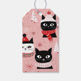 Leuke Retro Kerst Katten op Roze Cadeaulabel