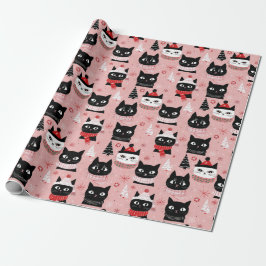 Leuke Retro Kerst Katten op Roze Cadeaupapier