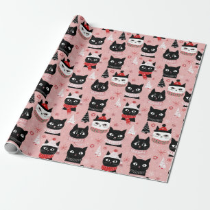 Leuke Retro Kerst Katten op Roze Cadeaupapier