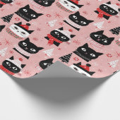 Leuke Retro Kerst Katten op Roze Cadeaupapier (Hoek)