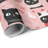 Leuke Retro Kerst Katten op Roze Cadeaupapier (Rol Hoek)