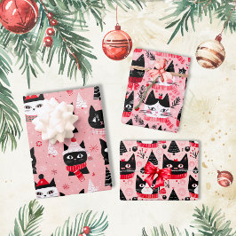 Leuke Retro Kerst Katten op Roze Inpakpapier Vel