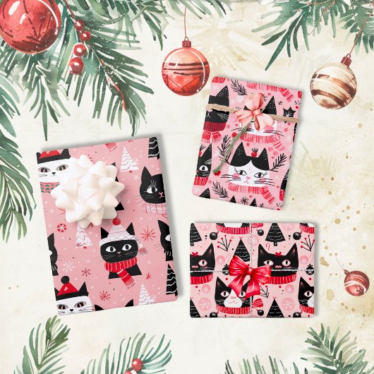 Leuke Retro Kerst Katten op Roze Inpakpapier Vel