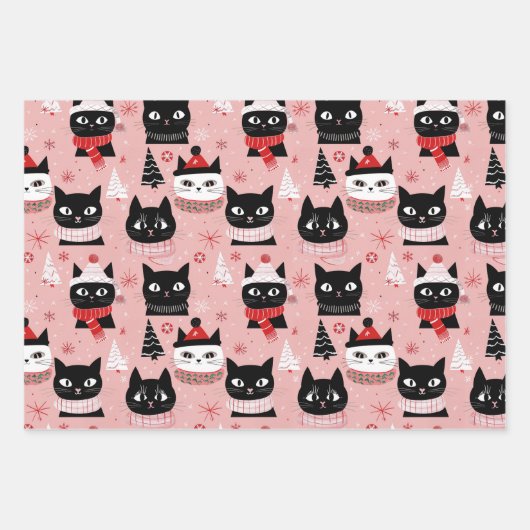Leuke Retro Kerst Katten op Roze Inpakpapier Vel (Voorkant)