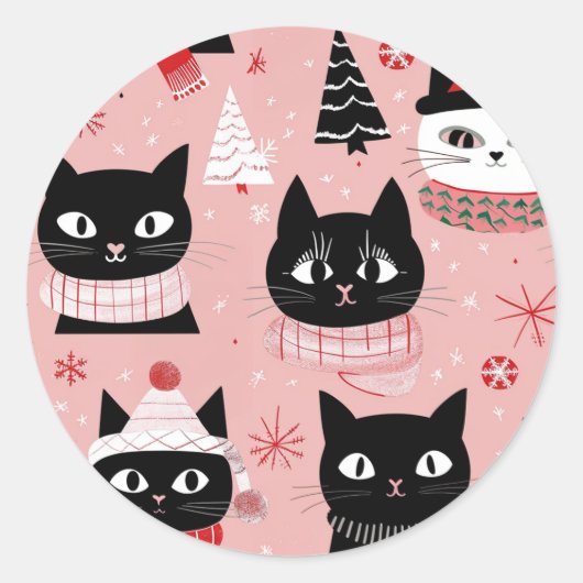 Leuke Retro Kerst Katten op Roze Ronde Sticker (Voorkant)