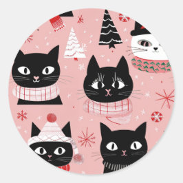 Leuke Retro Kerst Katten op Roze Ronde Sticker