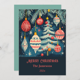 Leuke retro kerstbomen Ornamenten Feestdagenkaart