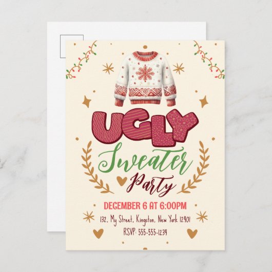 Leuke Retro Lelijke trui Kerstfeest Uitnodiging Briefkaart (Voorkant / Achterkant)