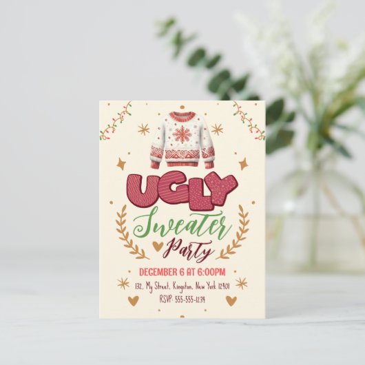 Leuke Retro Lelijke trui Kerstfeest Uitnodiging Briefkaart (Staand voorkant)