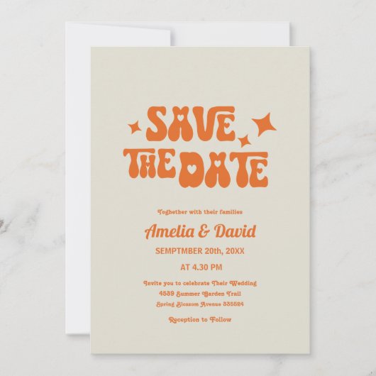 Leuke retro moderne groovy sinaasappel huwelijksui kaart (Voorkant)