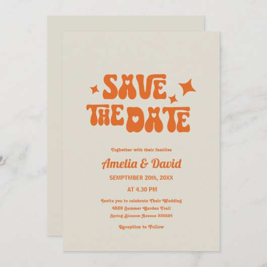 Leuke retro moderne groovy sinaasappel huwelijksui kaart (Voorkant / Achterkant)