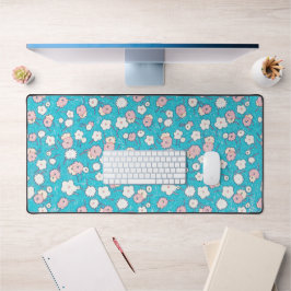 Leuke Retro Pop Art Roze en Aqua Flowers Desk Mat