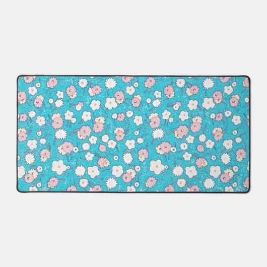 Leuke Retro Pop Art Roze en Aqua Flowers Desk Mat (Voorkant)
