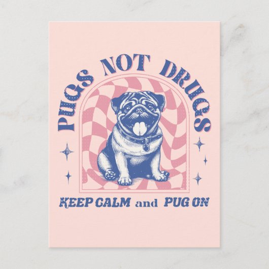 Leuke Retro Pug "Pugs Not Drugs" Bubblegum Roze Briefkaart (Voorkant)