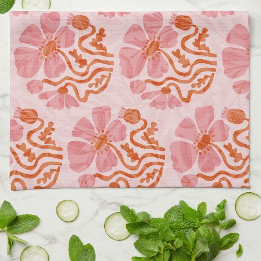 Leuke Retro Roze-Oranje Abstracte Bloem Theedoek (Gevouwen)