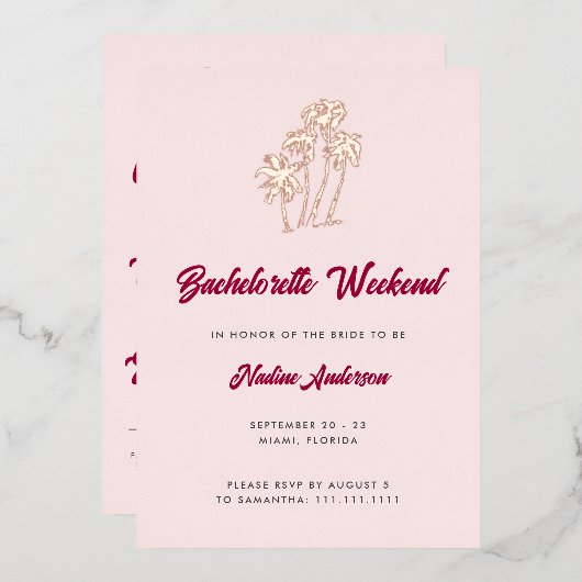 Leuke Retro Roze Palmbomen Bachelorette Weekend Folie Uitnodiging (Voorkant / Achterkant)