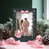 Leuke Retro Santa Wavy Roze Lint Foto Kerst Feestdagenkaart