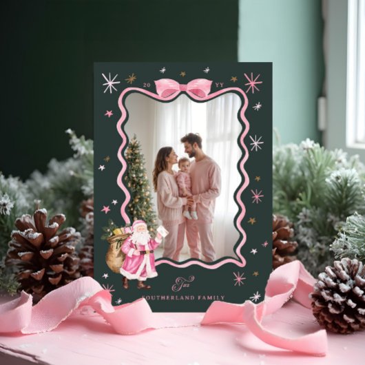 Leuke Retro Santa Wavy Roze Lint Foto Kerst Feestdagenkaart