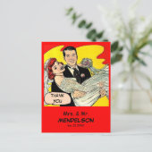 Leuke retro  stripbruiloft bedankt briefkaart (Staand voorkant)