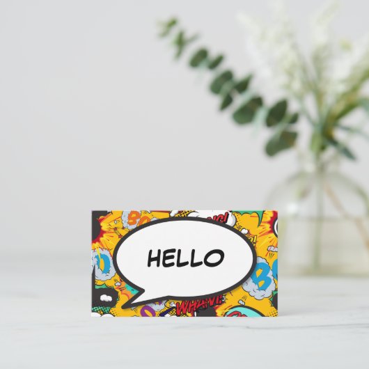 Leuke Retro Striptekstballon HALLO Visitekaartje (Staand voorkant)