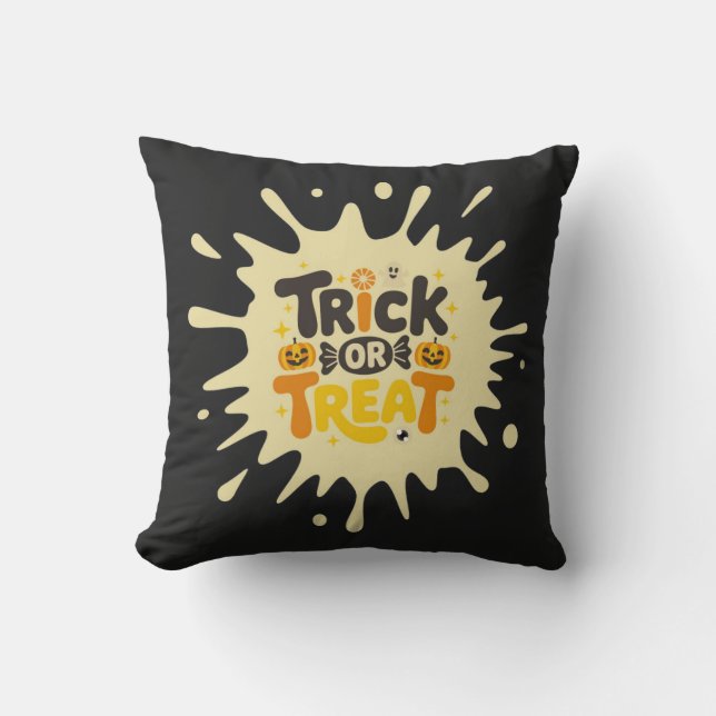 Leuke Retro "Trick or Treat" Spetterende Halloween Kussen (Voorkant)