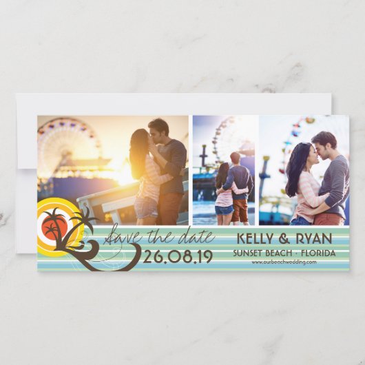 Leuke Retro Tropische Strand Zonsondergang Palmbom Save The Date (Voorkant)