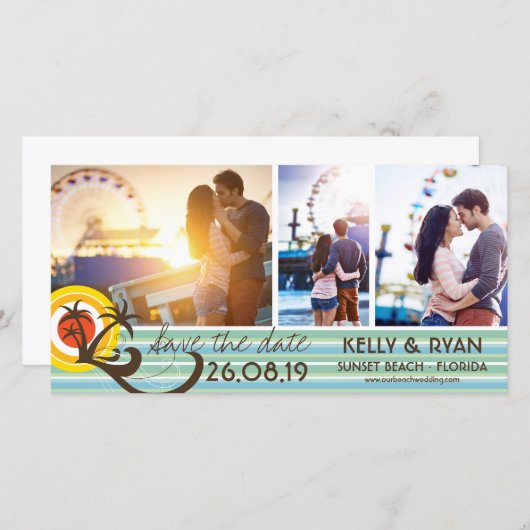 Leuke Retro Tropische Strand Zonsondergang Palmbom Save The Date (Voorkant / Achterkant)
