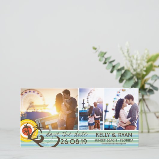 Leuke Retro Tropische Strand Zonsondergang Palmbom Save The Date (Staand voorkant)