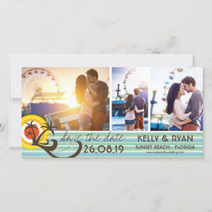 Leuke Retro Tropische Strand Zonsondergang Palmbom Save The Date
