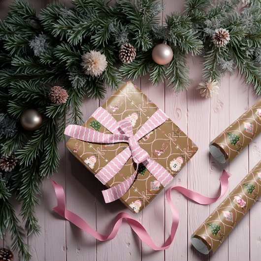 Leuke Retro Vintage Kerst Roze Lint Waterverf Cadeaupapier