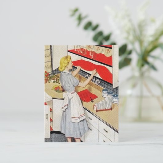 Leuke retro vintage schoonmaakster feestdagenkaart (Staand voorkant)