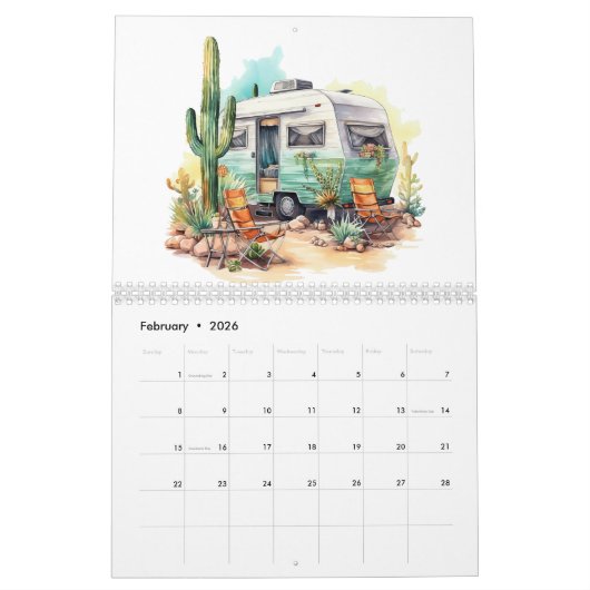 Leuke retro Waterverf stijl caravans Kalender (Feb 2026)