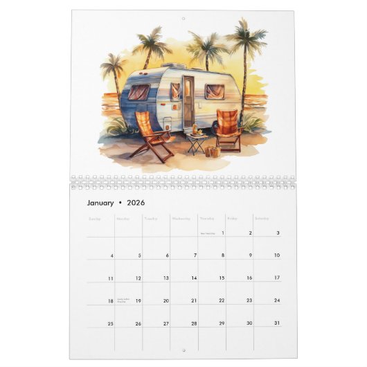 Leuke retro Waterverf stijl caravans Kalender (Jan 2026)