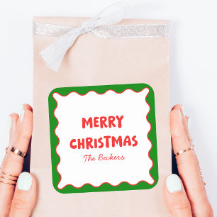 Leuke Retro Wavy Rood en Groen Custom Chic Kerstmi Vierkante Sticker