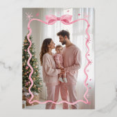 Leuke Retro Wavy Roze Lint & Sterren Foto Kerst Folie Feestdagenkaart (Achterkant)