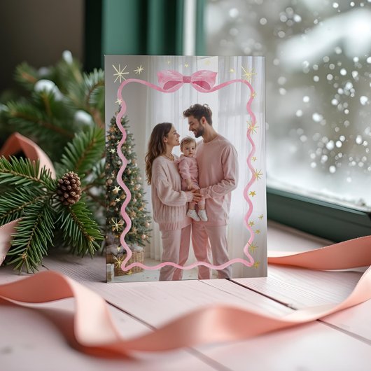 Leuke Retro Wavy Roze Lint & Sterren Foto Kerst Folie Feestdagenkaart