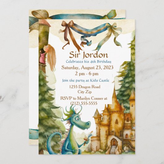 Leuke ridder drakenburcht verjaardagsfeestje Kinde Kaart (Voorkant / Achterkant)