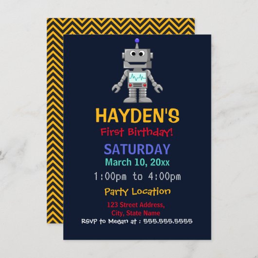 Leuke Robot Eerste Verjaardag Uitnodiging (Voorkant / Achterkant)